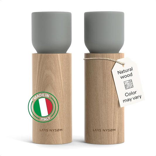 LARS NYSØM Wooden Salt and Pepper Grinder Set Manual - Salt and Pepper Mills with Adjustable Ceramic Grinder - Elegant Beechwood Pepper and Salt Mill Set for Dining Table (Ash Gray)