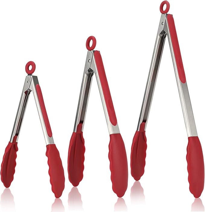 U-Taste Kitchen Tongs, 7/9/12 inches Cooking Tongs, with 600ºF High Heat-Resistant Non-Stick Silicone Tips, 18/8 Stainless Steel Handle, for Food Grill, Salad, BBQ, Frying, Serving, Pack of 3(Red) by U-Taste
