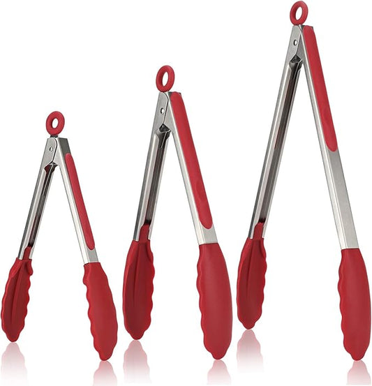 U-Taste Kitchen Tongs, 7/9/12 inches Cooking Tongs, with 600ºF High Heat-Resistant Non-Stick Silicone Tips, 18/8 Stainless Steel Handle, for Food Grill, Salad, BBQ, Frying, Serving, Pack of 3(Red) by U-Taste