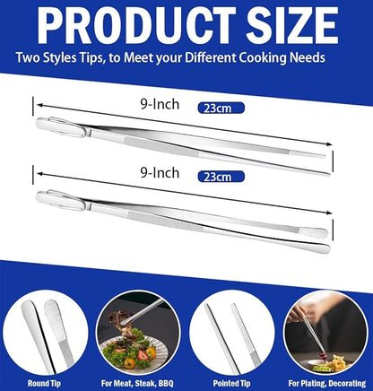 JETKONG 2 Pcs 9-Inch Kitchen Tweezers Cooking Tweezers Stainless Steel Tweezers Tongs (Silver) - Image 3