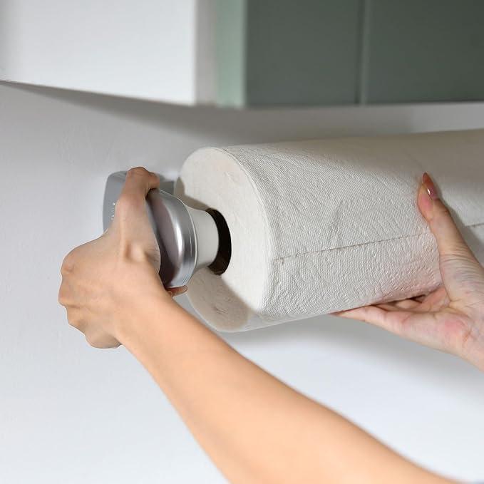 simpletome Paper Towel Holder Under Cabinet or Wall Mount ONE Hand Operation Tension Arm Kitchen Roll Holder (Silvery, for 24-28cm/9.4-11inches roll)
