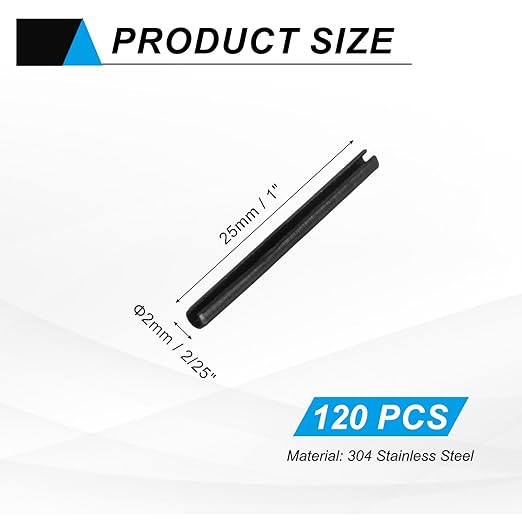 MECCANIXITY 120Pcs Slotted Split Roll Pins 2/25 Inch(2mm) Dia. 1 Inch(25mm) Length Steel Spring Tension Expansion Dowels for Secure Fastening, Black