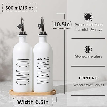 HOMCDALY 16oz Olive Oil Dispenser Bottles for Kitchen, White Oil and Vinegar Dispenser Set, Two Olive Oil Bottles with Bamboo Tray | Set of 2 (16oz-P-White) - Image 3