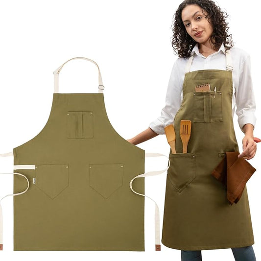 Cotton Canvas Apron for Women & Men – Adjustable Neck Strap & Waist Ties with Pockets