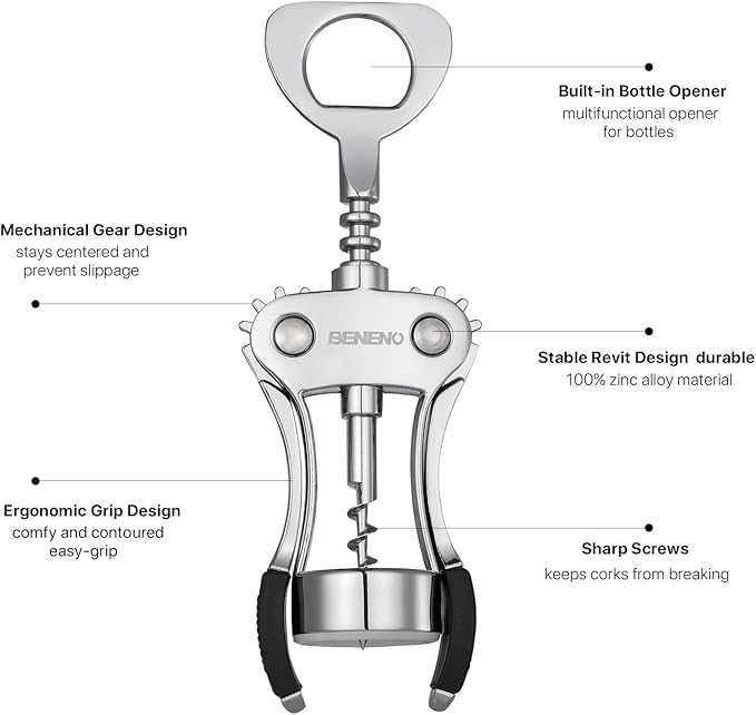 Beneno Wine Opener with Stainless Steel Wine Foil Cutter - Bottle Top Seal Cutter, Zinc Alloy Premium Wing Corkscrew with Multifunctional Bottles Opener, Ash silver - Image 2