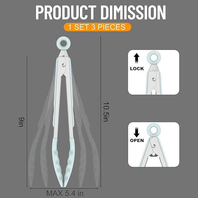 Hotec Silicone Kitchen Tongs for Cooking 9-Inch Serving Tongs with Silicone Tips, Set of 3 (Gradient Blue) - Image 2