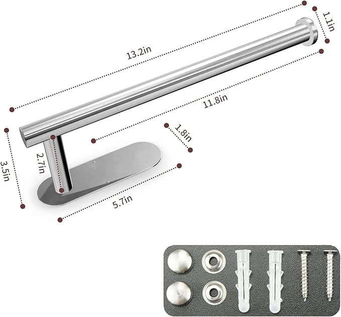 Paper Towel Holder with 2 Hooks-Under Cabinet Paper Towel Holder for Kitchen, Self-Adhesive or Screws, Space Saving Wall Mounted Kitchen Roll Holder, Bathroom, Stainless Steel Brushed Nickel