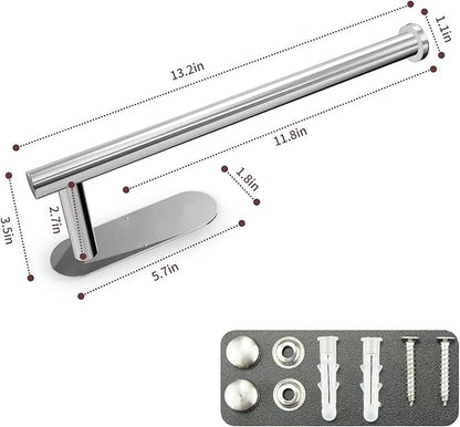 Paper Towel Holder with 2 Hooks-Under Cabinet Paper Towel Holder for Kitchen, Self-Adhesive or Screws, Space Saving Wall Mounted Kitchen Roll Holder, Bathroom, Stainless Steel Brushed Nickel