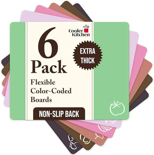 Cooler Kitchen Extra Thick Pastel Flexible Plastic Cutting Board Mats with Food Icons & EZ-Grip Waffle Back, (Set of 6) Dishwasher Safe. Cutting Boards for Kitchen, Cutting Mat, Plastic Cutting Boards