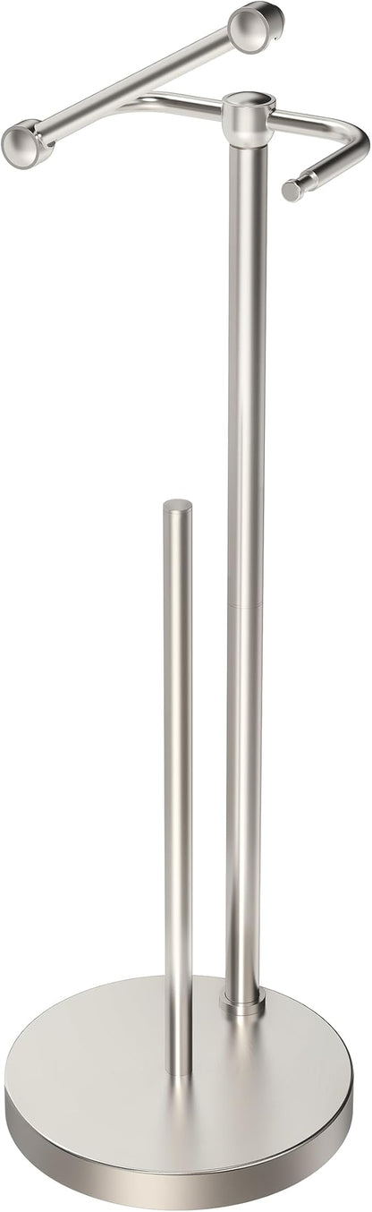 RARXTR Toilet Paper Holder Stand, Post Pivoting Design Free Standing Toilet Paper Holder with Storage for 4 Rolls, SUS304 Stainless Steel Tissue Holder with Reserve, Heavy-Duty Base (Brushed Nickel)