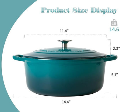EDGING CASTING Enameled Cast Iron Dutch Oven Pot with Lid for Bread Baking, Cooking, Round Bread Oven Dual Handles, 7 Quart, Darkcyan - Image 3
