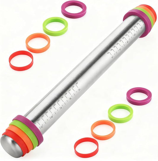 Stainless Steel Rolling Pin with Adjustable Thickness Rings - 4 Interchangeable Sizing Bands for Dumplings/Pasta/Cookies - Nonstick Kitchen Baking Tool by Amuzhi
