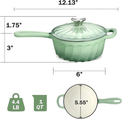 Enameled Cast Iron Sauce Pan With Lid, 1 Quart Cast Iron Saucepan with Lid, Heavy Duty Small Dutch Oven Pot for Cooking Pasta Sauce, Soup, Milk, Oven Safe up to 500°F (Fig Green)