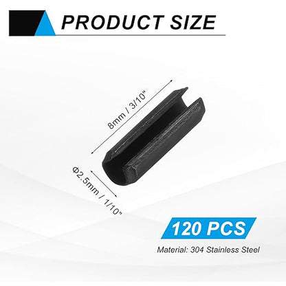 MECCANIXITY 120Pcs Slotted Split Roll Pins 1/10 Inch(2.5mm) Dia. 3/10 Inch(8mm) Length Steel Spring Tension Expansion Dowels for Secure Fastening, Black