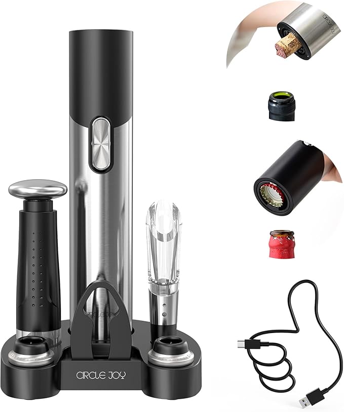 CIRCLE JOY Electric Wine Opener Set Automatic Wine Opener Kit for Wine and Beer Cordless Electric Wine Bottle Openers Gift Set with Foil Cutter, Aerator Pourer, Vacuum Pump and 2 Wine Stoppers by CIRCLEJOY