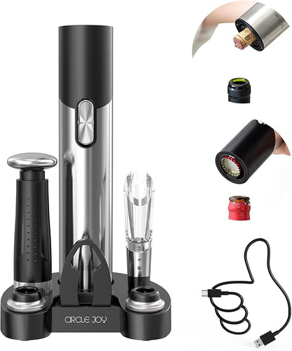 CIRCLE JOY Electric Wine Opener Set Automatic Wine Opener Kit for Wine and Beer Cordless Electric Wine Bottle Openers Gift Set with Foil Cutter, Aerator Pourer, Vacuum Pump and 2 Wine Stoppers by CIRCLEJOY