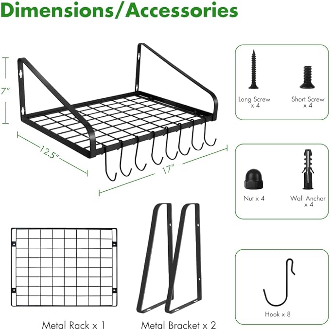 Felibeaco Hanging Pots & Pans Rack,Wall Mounted Pots Pans Organizer Holder Rack with 8 Hooks, Kitchen Wall Storage Organizer Hanger Shelves for Pans Set, Utensils, Cookware, Books, Household,Black - Image 7