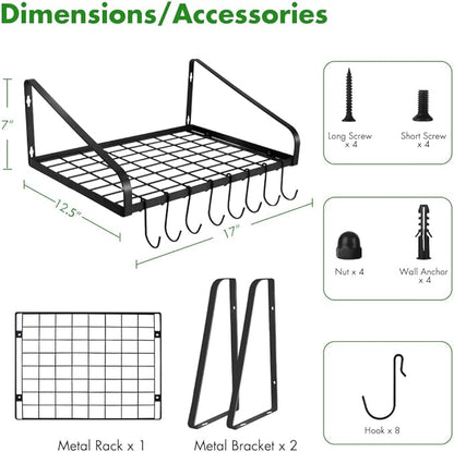 Felibeaco Hanging Pots & Pans Rack,Wall Mounted Pots Pans Organizer Holder Rack with 8 Hooks, Kitchen Wall Storage Organizer Hanger Shelves for Pans Set, Utensils, Cookware, Books, Household,Black - Image 7