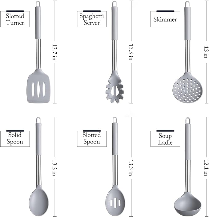 Silicone Kitchen Utensils Set - Culinary Couture 6-Pieces Grey Silicone Cooking Utensils Set for Nonstick Cookware - Stainless Steel Handle