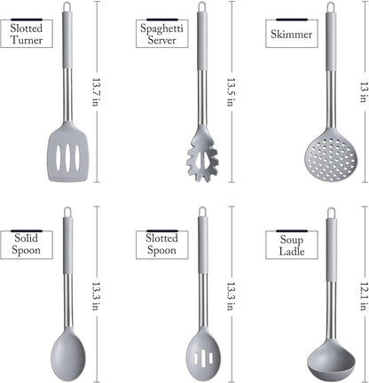 Silicone Kitchen Utensils Set - Culinary Couture 6-Pieces Grey Silicone Cooking Utensils Set for Nonstick Cookware - Stainless Steel Handle
