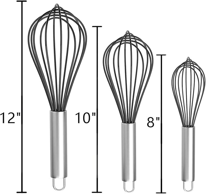 Silicone Whisk, Stainless Steel Wire Whisk Set - 3 PCS Rubber Whisks for Cooking, Non-stick Cookware, Kitchen, Balloon Egg Beater Perfect for Blending, Whisking, Black - Image 7