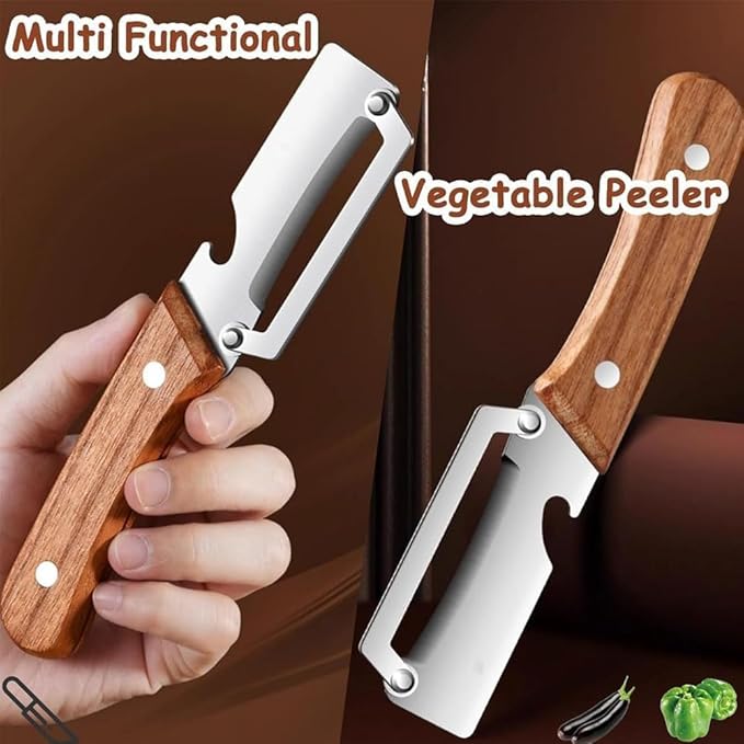 2PCS Multifunctional Vegetable Peeler, 2-in-1 Multifunctional Stainless Steel Peeler, Zero Snag Wooden Peeler, Potato Fruit Pumpkins Kitchen Peelers with Bottle Opener - Image 3