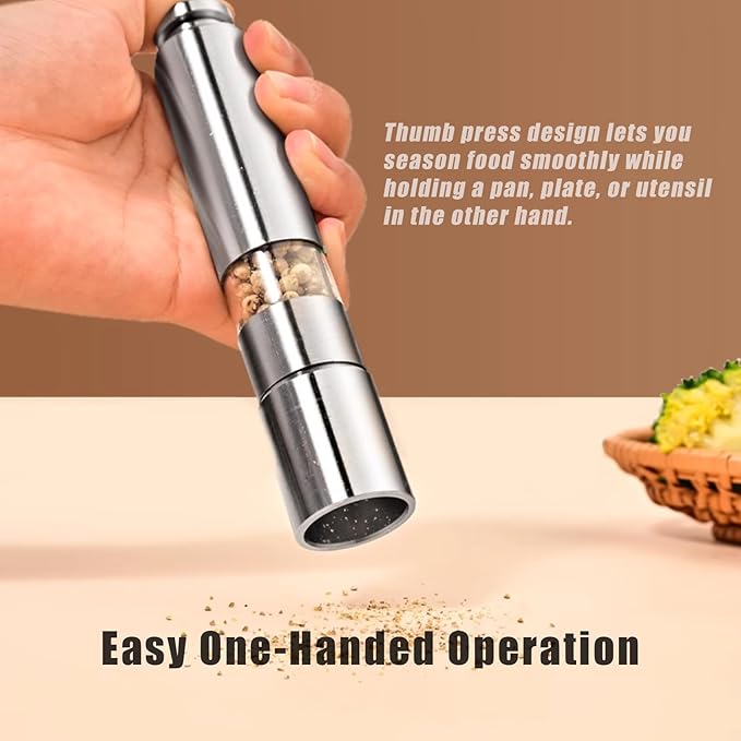 Salt and Pepper Grinder Set, Pump & Grind Peppermill, 2 Refillable Stainless Steel Mills with Thumb Press, One-Handed Salt and Pepper Grinder with Clear Acrylic Stand for Kitchen and Dining - Image 3