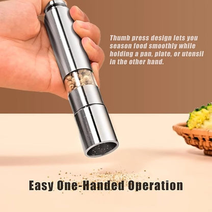 Salt and Pepper Grinder Set, Pump & Grind Peppermill, 2 Refillable Stainless Steel Mills with Thumb Press, One-Handed Salt and Pepper Grinder with Clear Acrylic Stand for Kitchen and Dining - Image 3