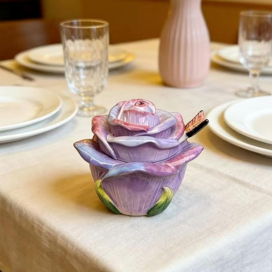 Ceramic Rose Spice Jars - 3D Hand-Sculpted & Hand-Painted Condiment Pots for Salt, Sugar, Pepper (Pinkish Purple)
