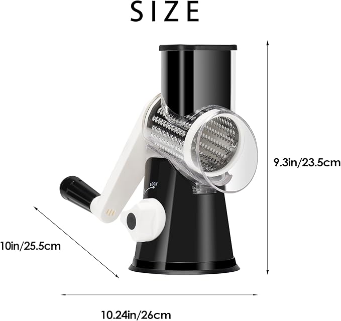 Cheese Grater Hand Crank, Rotary Vegetable Shredder with Handle and Strong Suction base, 3 in 1 Kitchen Speed Spin Veggie Slicer Nut Grinder for Pizza Top, Hash brown, Salad and More (Black) - Image 8