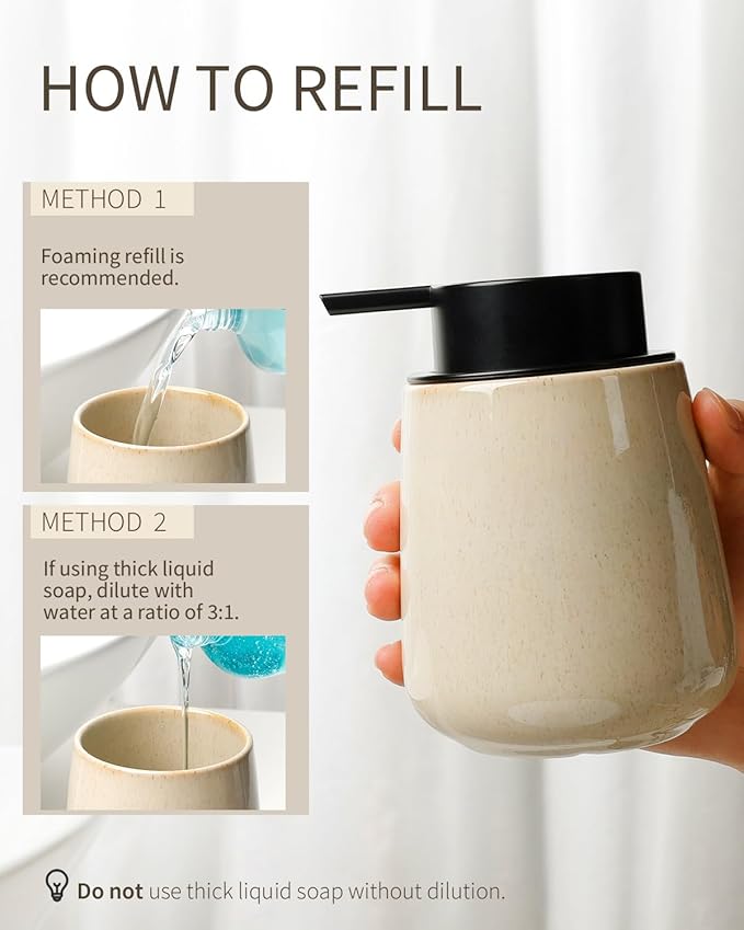 Bosilunlife Ceramic Foaming Soap Dispenser - 12Oz Bathroom Countertop Kitchen Dish Soap Pump Dispenser Foam Soap Dispenser - Greige with Speckle