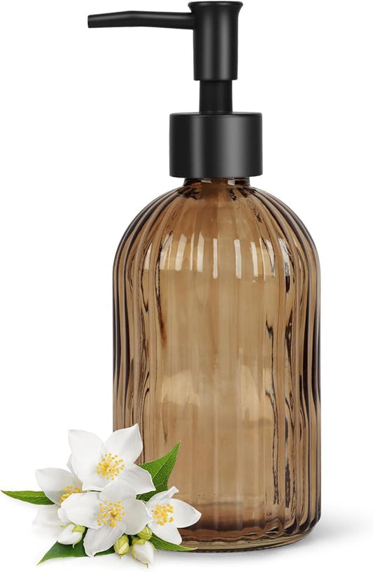 13.5oz Stripe Glass Soap Dispenser with Black Plastic Pump, 400ml Liquid Hand Soap Dispenser, Rustproof Pump for Kitchen & Bathroom, Great for Lotions, Essential Oil, Liquid Soaps-Amber by HomeandKitchenNO1