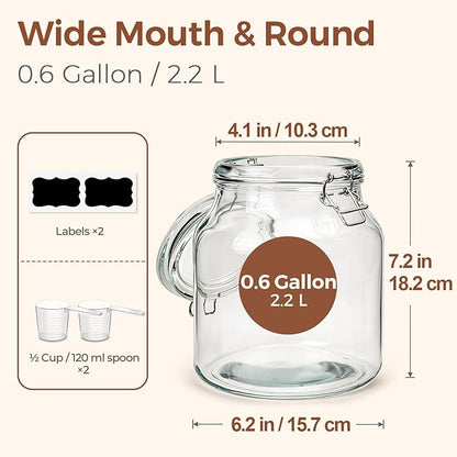 ComSaf 2-Pack 74oz (0.6 Gal) Wide-Mouth Glass Jars with Airtight Clamp Lids, Large Food Storage Containers for Flour, Sugar, Coffee & Pantry Organization, Includes Measuring Cup & Reusable Labels - Image 2