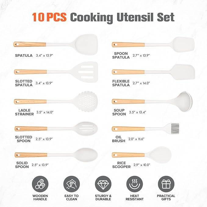 Silicone Cooking Utensils Set of 10 with Wooden Handle,No Scratch for Nonstick Cookware,Slotted Spoon&Spatula,Solid Spoon&Spatula,Large Measuring Ladle,Brush,Rice Paddle,Baking Turner&Flipper (White)
