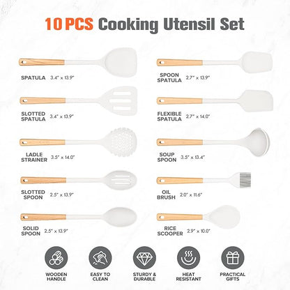 Silicone Cooking Utensils Set of 10 with Wooden Handle,No Scratch for Nonstick Cookware,Slotted Spoon&Spatula,Solid Spoon&Spatula,Large Measuring Ladle,Brush,Rice Paddle,Baking Turner&Flipper (White)