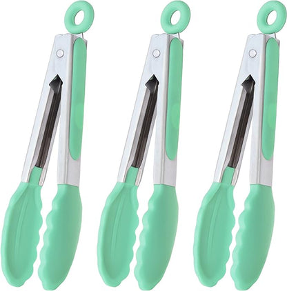 HINMAY Mini Tongs with Silicone Tips 7 Inches Silicone Cooking Tongs, Set of 3 (Mint) by HINMAY