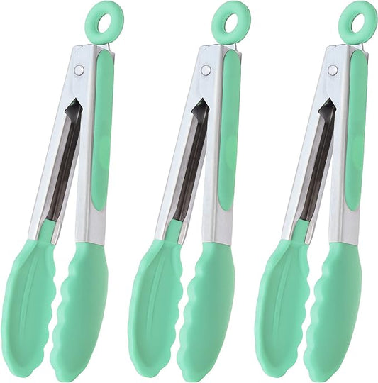 HINMAY Mini Tongs with Silicone Tips 7 Inches Silicone Cooking Tongs, Set of 3 (Mint) by HINMAY