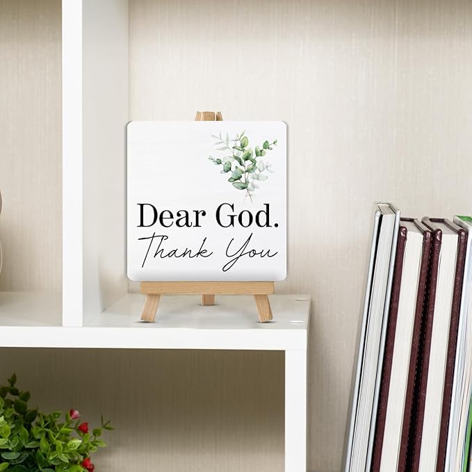 Christian Decor, Religious Gifts for Women Men, Dear God Thank You Wood Sign with Easel Home Office Desk Shelf Tabletop Table Decor - Image 5