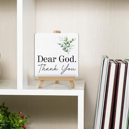 Christian Decor, Religious Gifts for Women Men, Dear God Thank You Wood Sign with Easel Home Office Desk Shelf Tabletop Table Decor - Image 5
