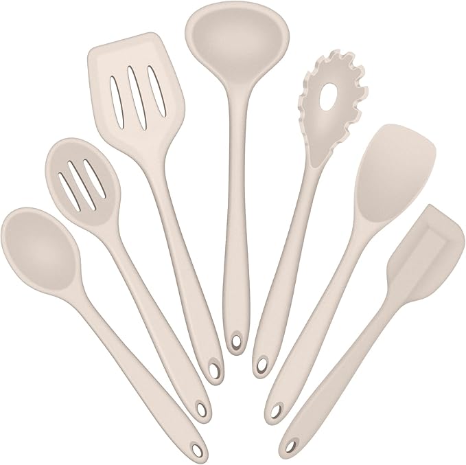 E-far Silicone Cooking Utensils Set, 7-Piece Khaki Heat Resistant Kitchen Utensils Set, Kitchen Nonstick Tools Spatula Ladle Spoon Pasta Server for Non-stick Cookware, Non-Toxic & Dishwasher safe by E-far