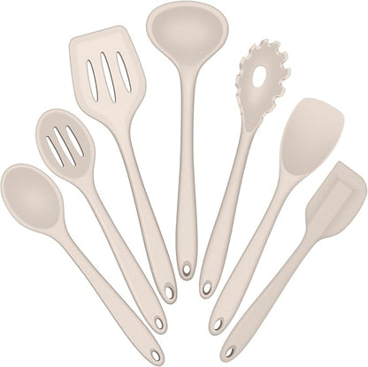 E-far Silicone Cooking Utensils Set, 7-Piece Khaki Heat Resistant Kitchen Utensils Set, Kitchen Nonstick Tools Spatula Ladle Spoon Pasta Server for Non-stick Cookware, Non-Toxic & Dishwasher safe by E-far