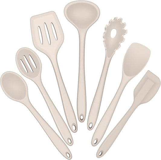 E-far Silicone Cooking Utensils Set, 7-Piece Khaki Heat Resistant Kitchen Utensils Set, Kitchen Nonstick Tools Spatula Ladle Spoon Pasta Server for Non-stick Cookware, Non-Toxic & Dishwasher safe by E-far