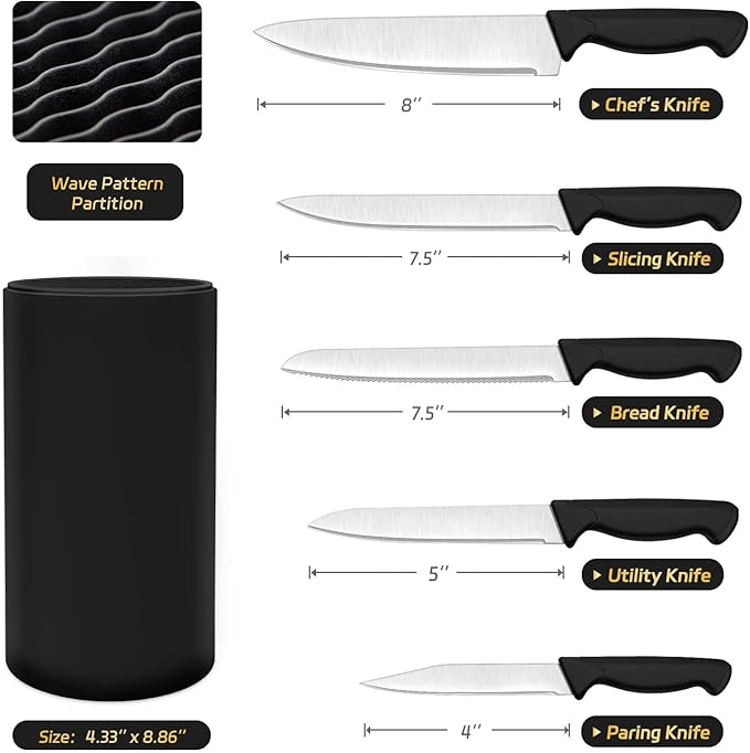 Knife Set, 6-Piece Kitchen Knife Set, German High Carbon Stainless Steel, Durable & Easy Clean Knife Block, Black - Image 2