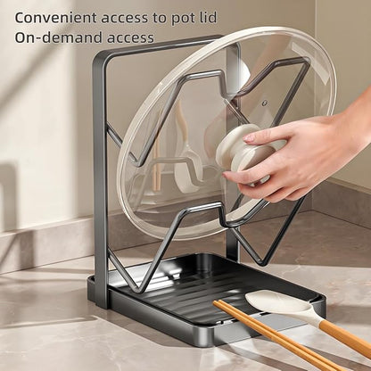 Lispin 2026 Upgraded Kitchen Pot Lid Storage Rack, Multifunctional Pot Lid Organizer Rack, Lid Holder While Cooking, Lid And Spoon Rest, Thickened Carbon Steel Material (Double Layer-Gray)