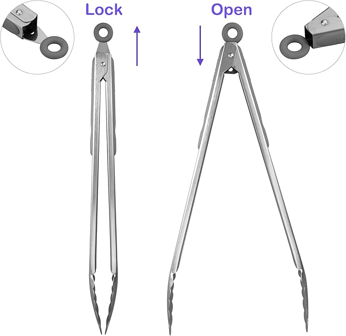 304 Stainless Steel Kitchen Cooking Tongs, 14" and 16" Set of 2 Sturdy Grilling Barbeque Brushed Locking Food Tongs with Ergonomic Grip, Grey - Image 3