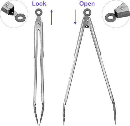 304 Stainless Steel Kitchen Cooking Tongs, 14" and 16" Set of 2 Sturdy Grilling Barbeque Brushed Locking Food Tongs with Ergonomic Grip, Grey - Image 3