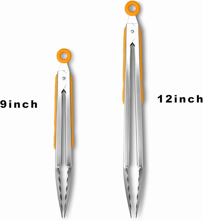 Premium 304 Stainless Steel Tongs Set – 12" Grill Tongs & 9" Cooking Tongs, Heat Resistant up to 600°F, Wavy Grip Head, Non‑Slip Handle with Locking Clip & Hanging Loop, Dishwasher Safe, Orange - Image 3