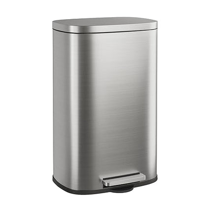WLIVE 13 Gallon Stainless Steel Trash Can with Inner Bucket, Kitchen Garbage Can with Lid, 50L Soft Close Step Trash Can with Metal Foot for Home, Kitchen, Laundry Room, Office, Silver
