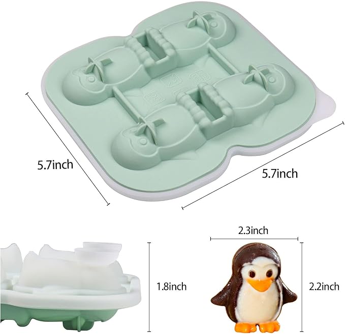 Penguin Ice Cube Mold, Fun Shapes Ice Cube Tray, Make 4 Cute Penguin Ice Balls for Drinks Cocktails Iced Coffee, Silicone Ice Mold Chocolate Mold with Funnel-type Lid, Green