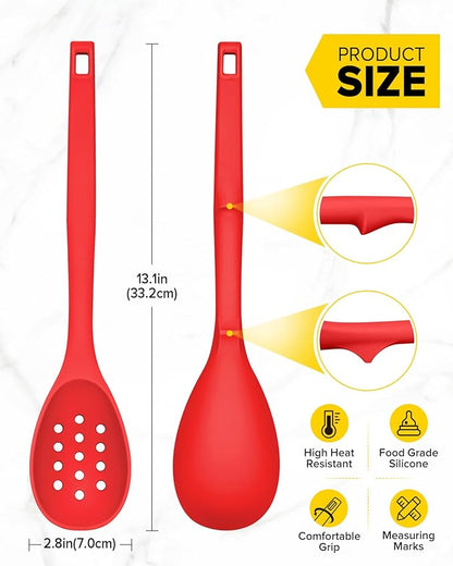 Pack of 2 Silicone Cooking Spoons, Non Stick Solid Kitchen Spoon with Measuring Marks & Back Hooks, Heat Resistant Silicone Slotted Spoon for Cooking, Mixing, Stirring,Serving (RED)